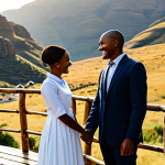 Maliba Lodge - Lesotho Mountain Retreat**

A couple in professional attire, fully clothed and modest, stands on the wooden deck of a luxury lodge overlooking a breathtaking mountain vista in Lesotho. They are holding hands, smiling gently at each other. The lodge is constructed of natural stone and wood, blending seamlessly into the environment. The setting sun casts a warm, golden glow over the landscape. Safe for work, appropriate content, perfect anatomy, correct proportions, natural pose, professional photography, high quality.

**