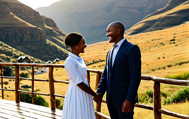 Maliba Lodge - Lesotho Mountain Retreat**

A couple in professional attire, fully clothed and modest, stands on the wooden deck of a luxury lodge overlooking a breathtaking mountain vista in Lesotho. They are holding hands, smiling gently at each other. The lodge is constructed of natural stone and wood, blending seamlessly into the environment. The setting sun casts a warm, golden glow over the landscape. Safe for work, appropriate content, perfect anatomy, correct proportions, natural pose, professional photography, high quality.

**